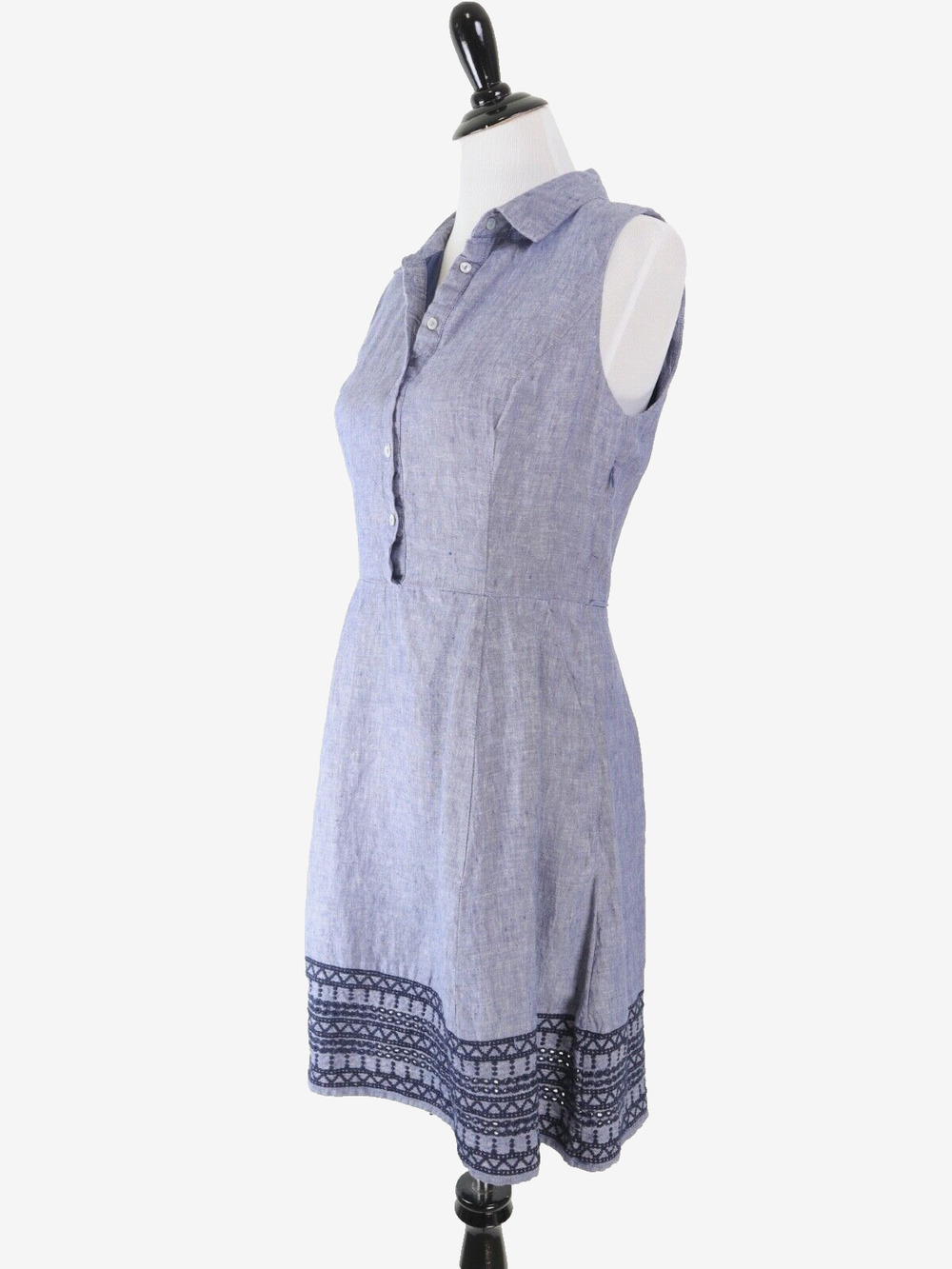 Tahari Size 4 Linen Sleeveless Shirt Dress Collared Embroidered Blue